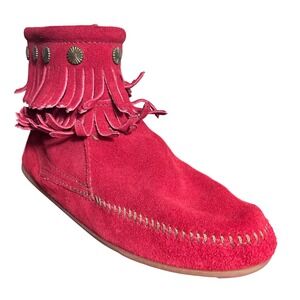 Minnetonka Boots Size 9 Red Suede Leather Double Fringe Concho Moccasin Ankle